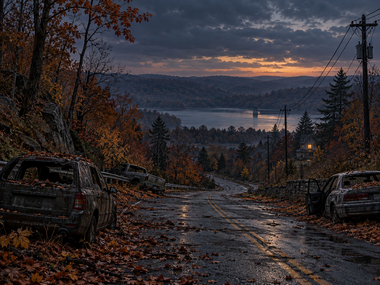 An abandoned autumn road above the Kensico Reservoir at dusk, with one lit house in the distance.