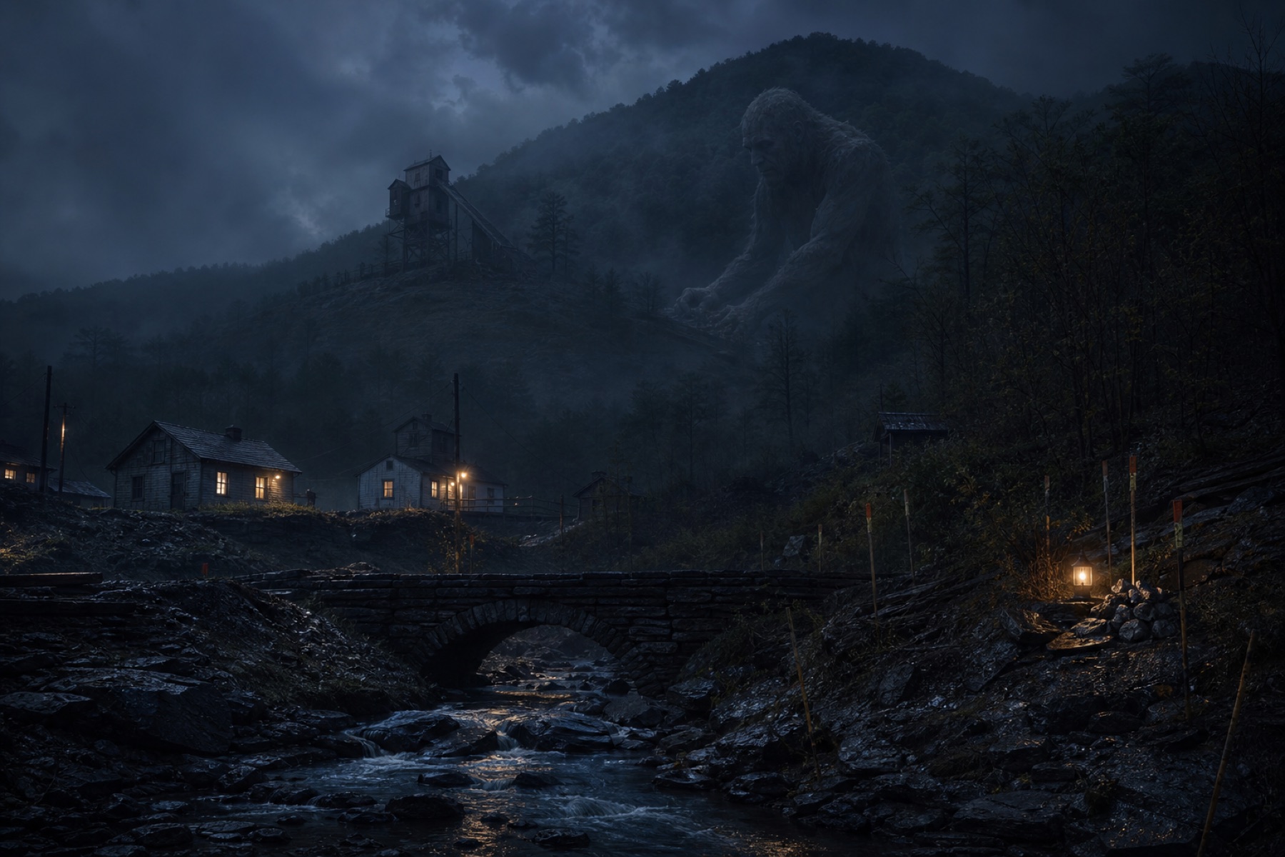 A rain-dark West Virginia hollow with a repaired stone creek bridge, survey stakes, company houses, an abandoned tipple, and a pale mountain cryptid.