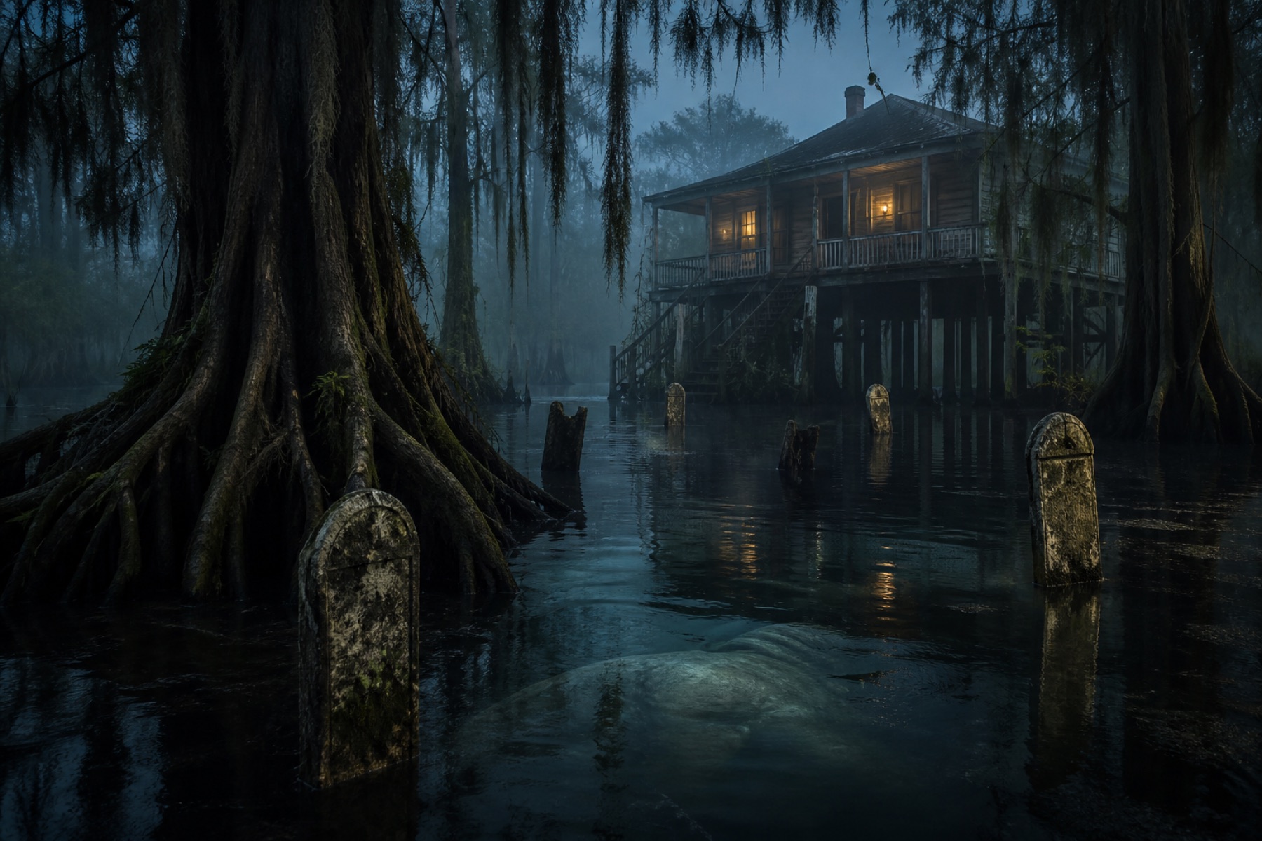 A misty Louisiana bayou surrounding a raised wooden house, with old boundary stones standing in blackwater and a vast shape moving beneath the surface.
