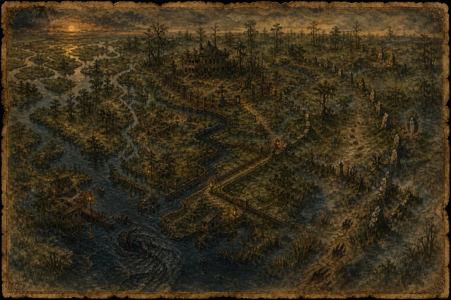 An illustrated parchment map of winding Louisiana blackwater, cypress swamps, a raised family estate, boundary stones, and old paths through the reeds.