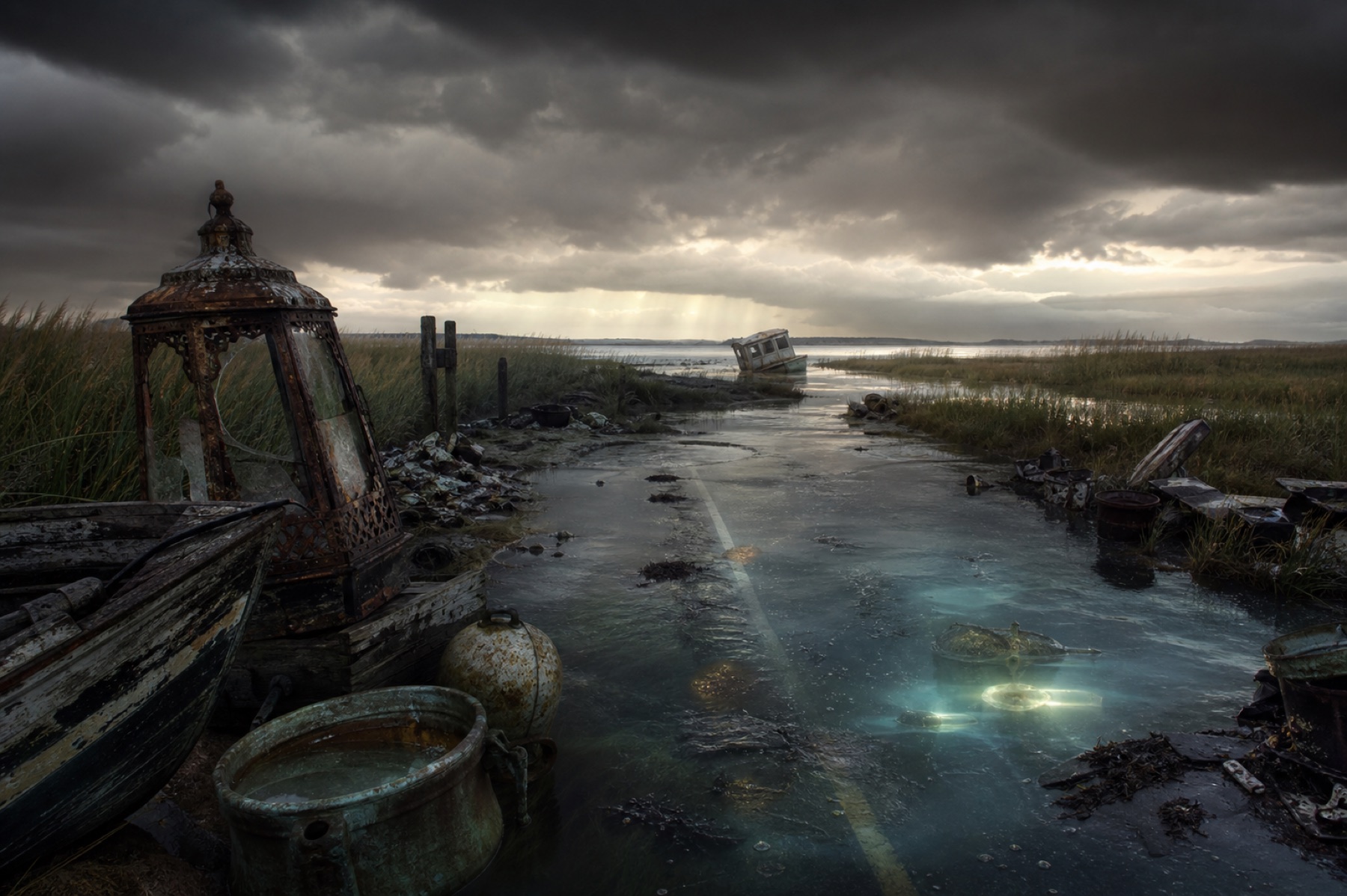 A storm-dark Carolina marsh and half-drowned road beside a strange salvage yard, with pale lights glowing under tidal water.