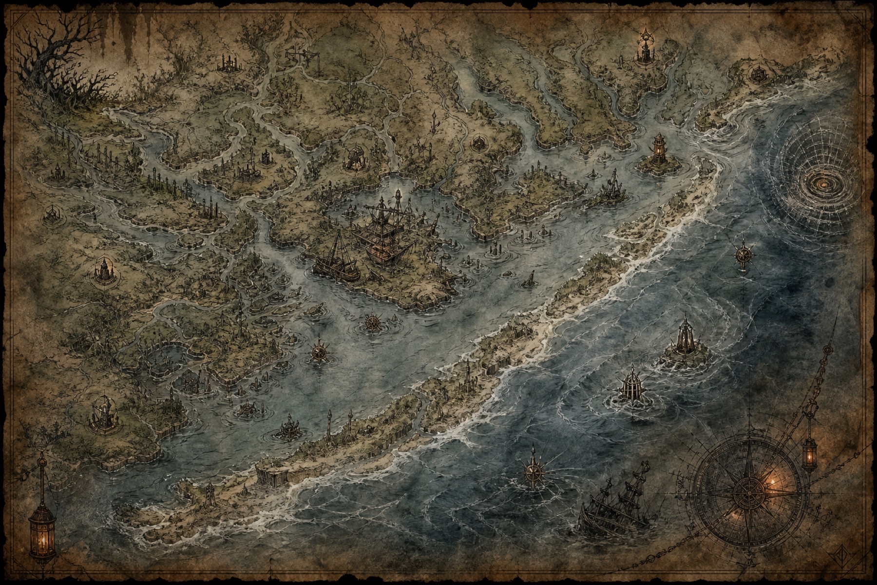 An illustrated nautical map of Carolina Lowcountry marshes, barrier islands, drowned roads, salvage sites, shoals, and storm channels.