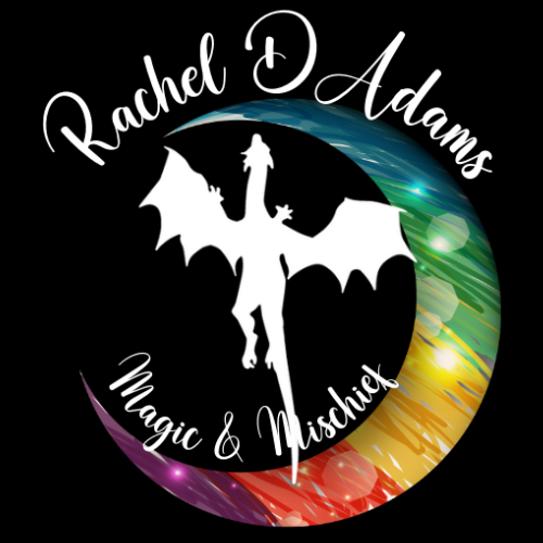 My actual logo, it's a rainbow-colored crescent moon with a dragon in the center, "Rachel D. Adams - Magic & Mischief"