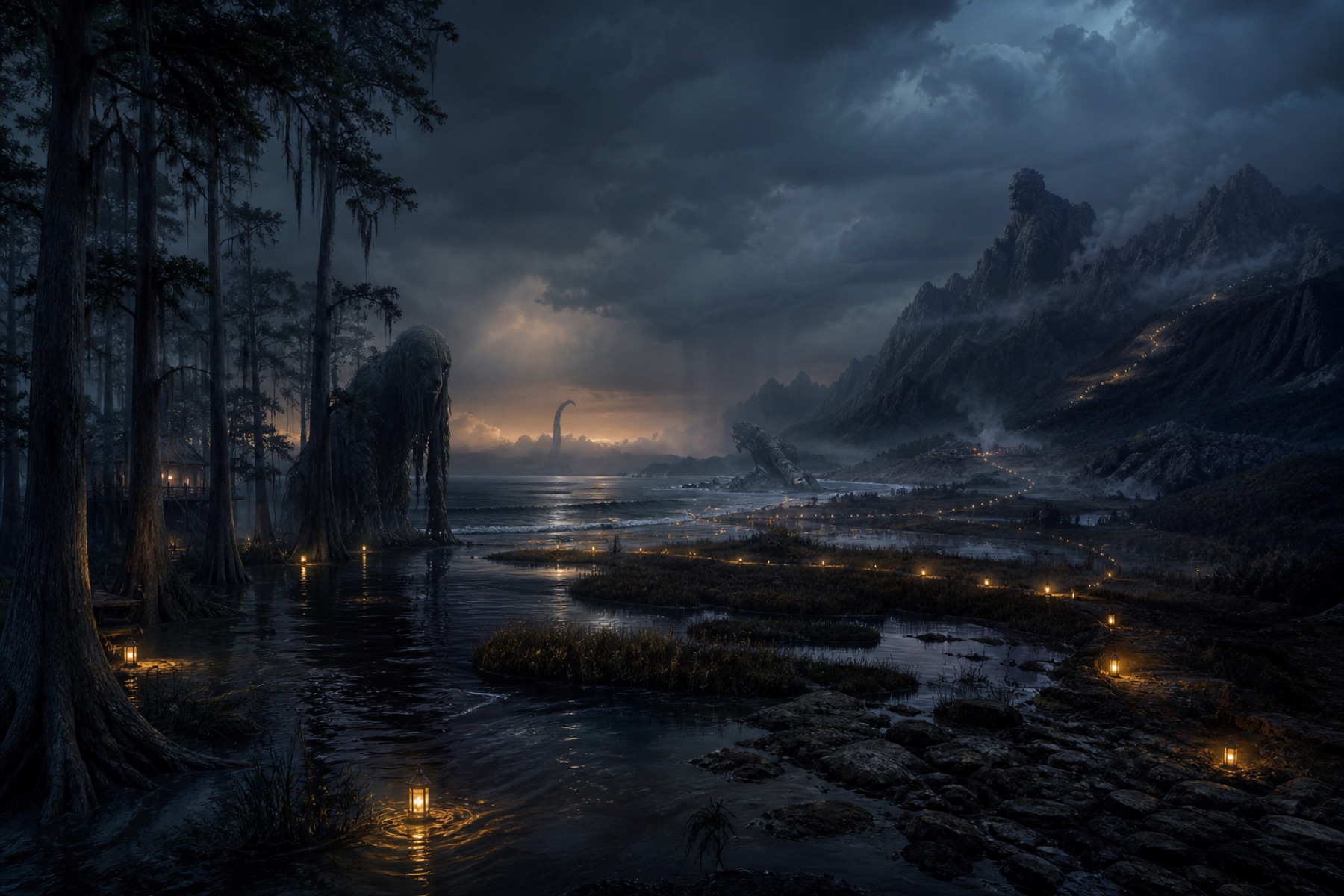 A cinematic dark landscape where a cypress bayou, tidal coast, and mountain range merge beneath storm clouds and trails of lantern light.
