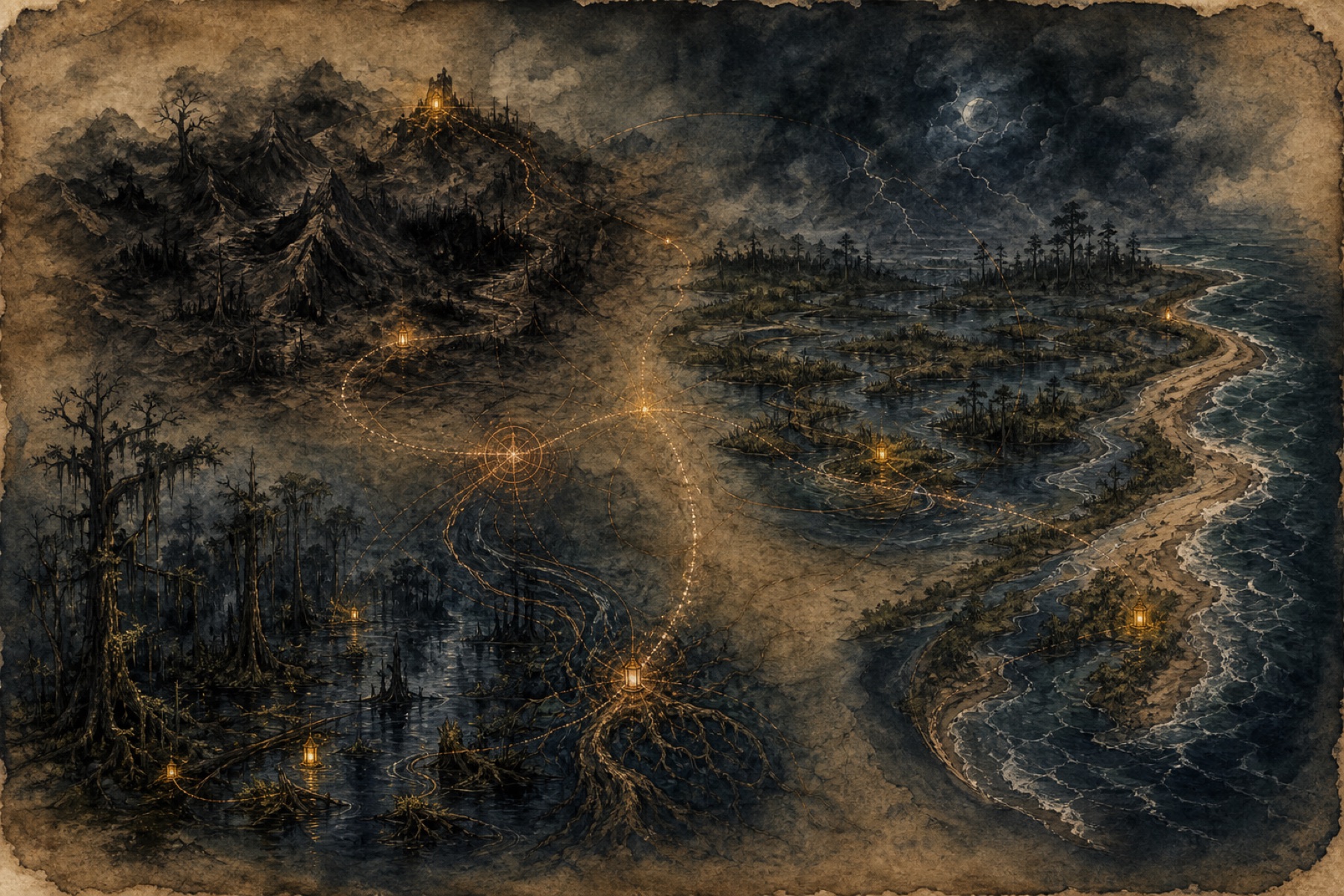 An illustrated parchment map connecting shadowed Louisiana bayous, Carolina tidal marshes, and West Virginia mountains with glowing lantern paths.