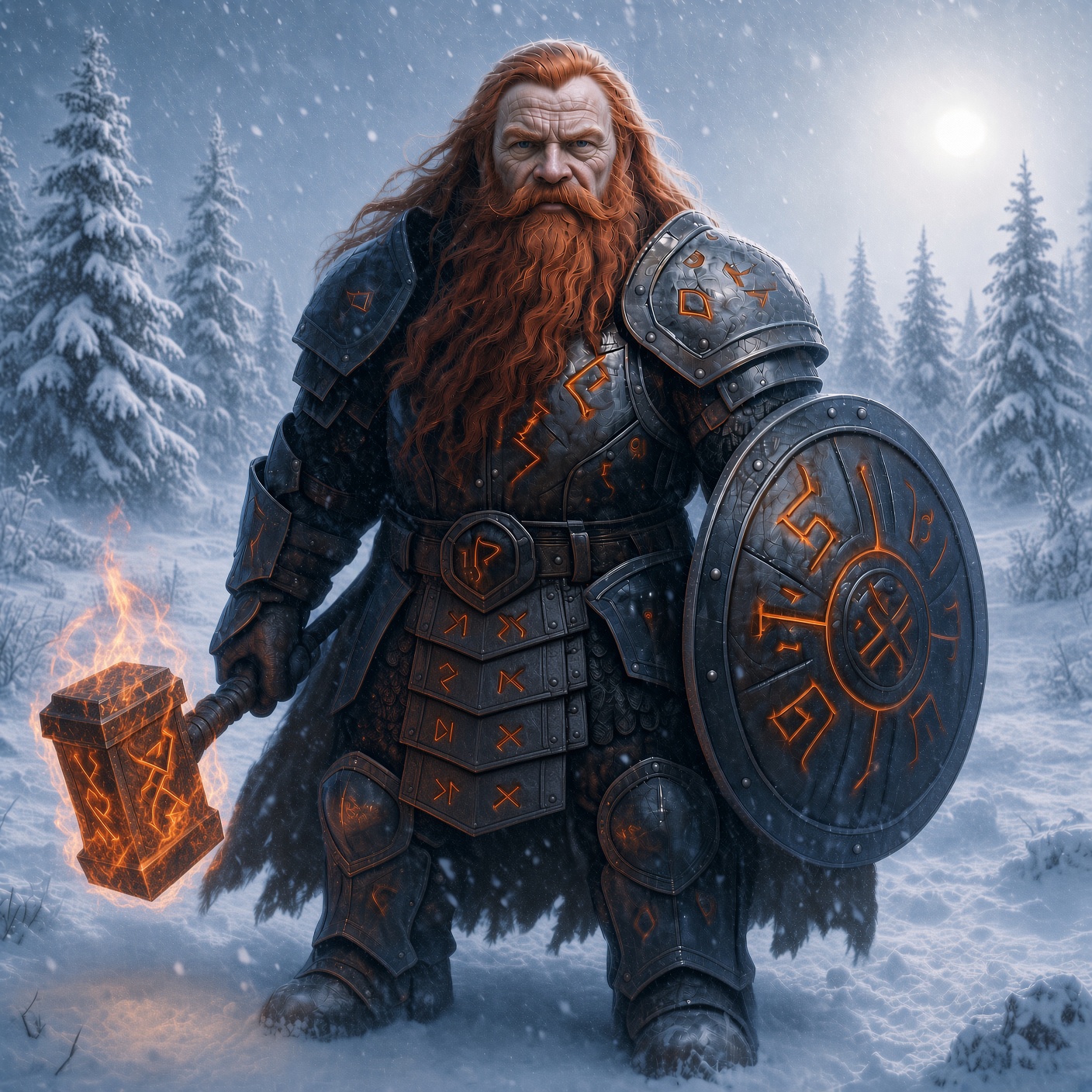 Ian, a Dwarven priest of fire, clad in plate armour with glowing red runes, in the middle of a clearing in a fir forest under heavy snow.