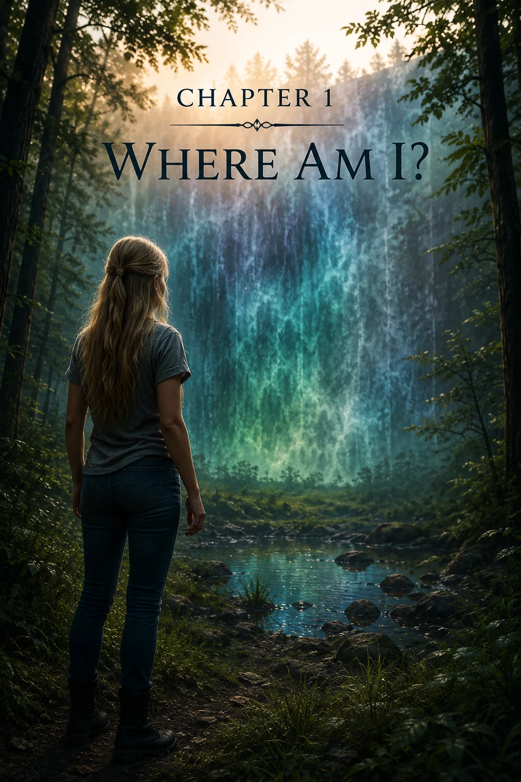 Celeste stands alone in the eerie, silent forest, staring toward a mysterious wall of shifting blue, gray, and green light. With darkness closing in, the strange barrier may be her first chance at finding answers—or the beginning of something she never expected.