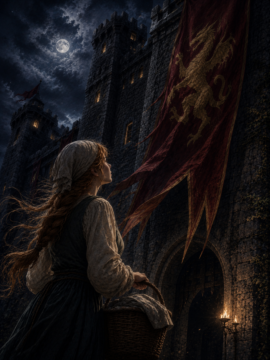 A woman holding a basket and glaring at an enemy banner.