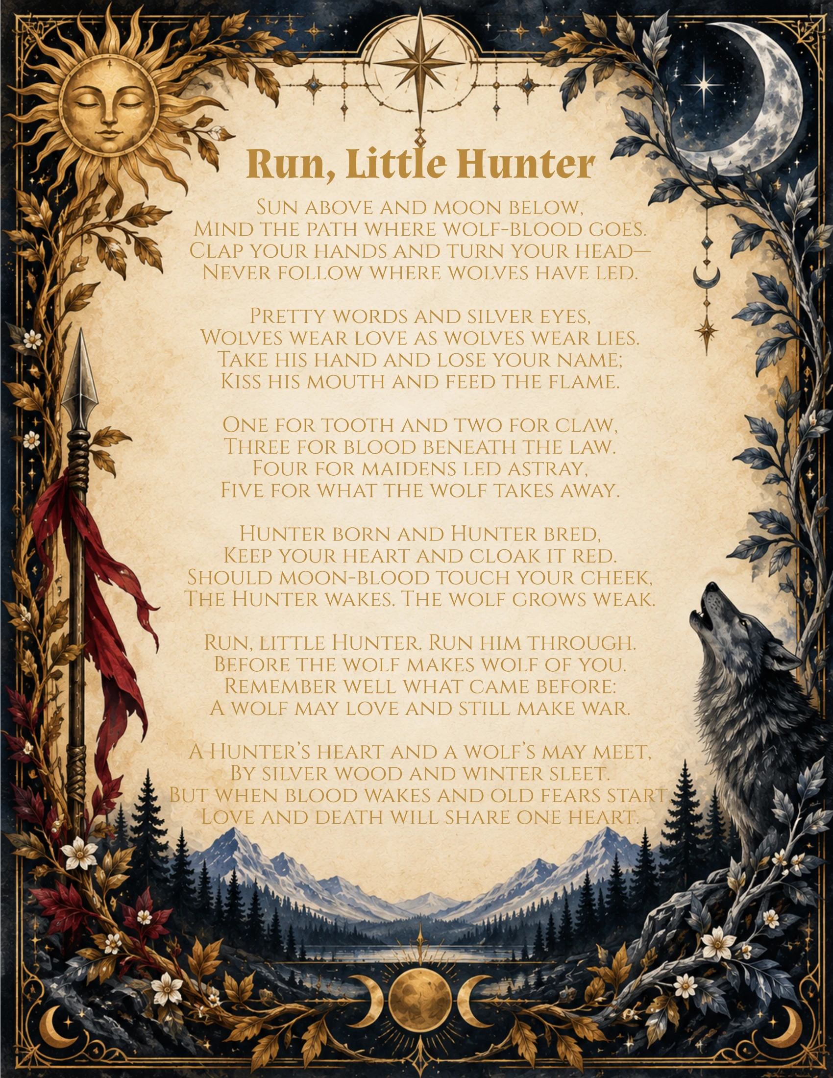 An ornate parchment featuring “Run, Little Hunter” in antique-gold text, framed by a golden sun, silver moon, leafy branches, a red-ribboned spear, and a howling wolf. A dark evergreen forest, distant mountains, lake, and golden triple-moon symbol fill the bottom.
