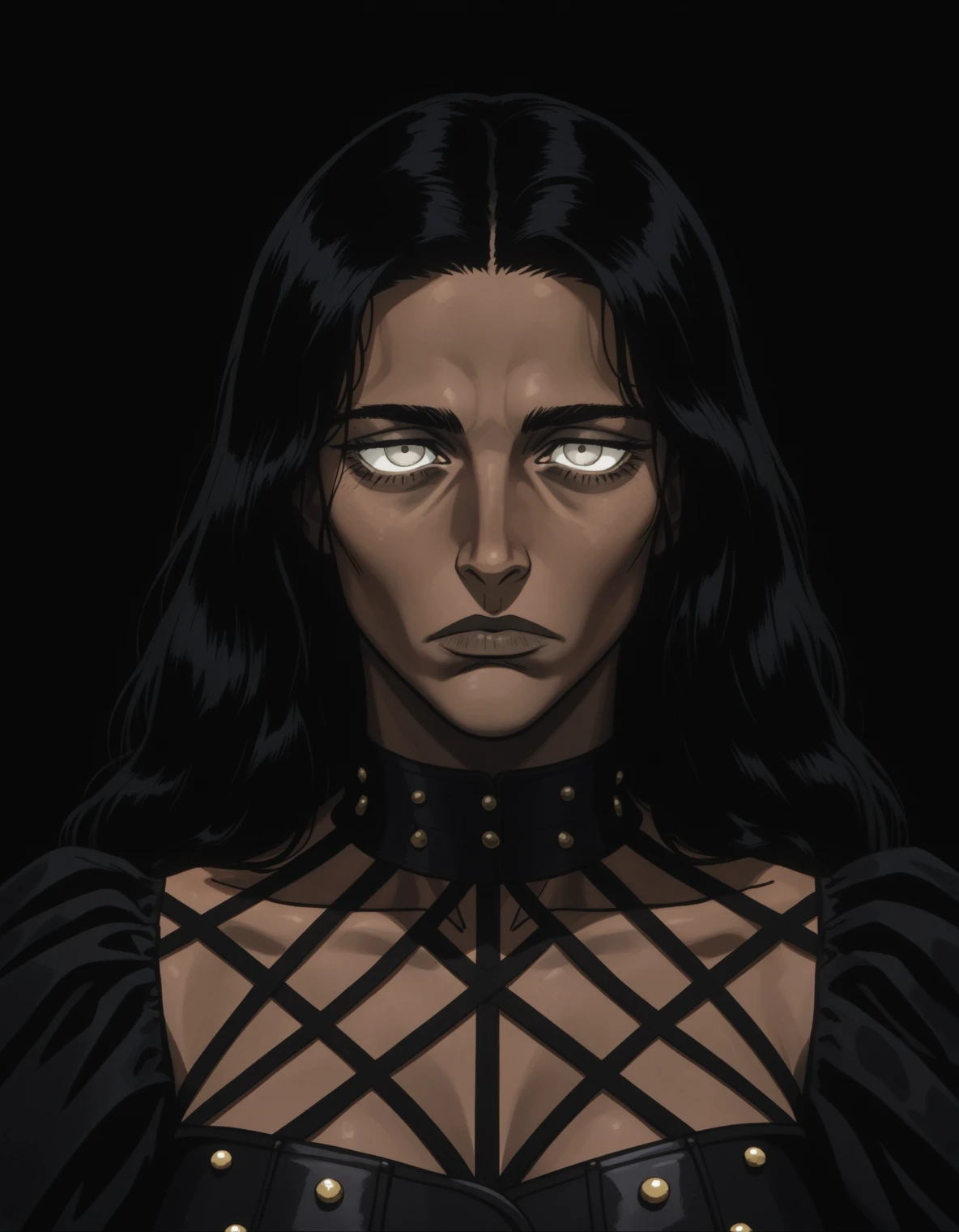 A woman with deep brown skin, long black hair and pale silver-grey eyes stands against a black ground in a black gown embroidered with angular gold maze-work. Deep shadow beneath her eyes. She is not smiling.