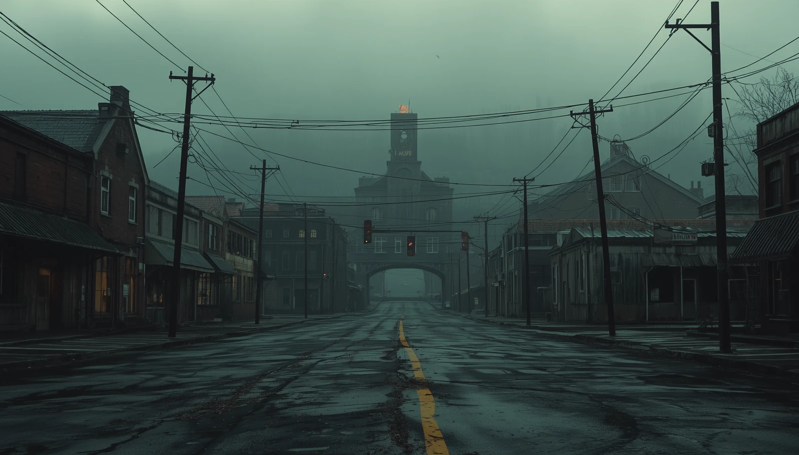 A fog-choked abandoned coal town stretches toward a decaying sanatorium on a distant hill. Empty storefronts, wet pavement, a changing traffic light, and a faintly glowing mine-whistle tower fill the landscape.