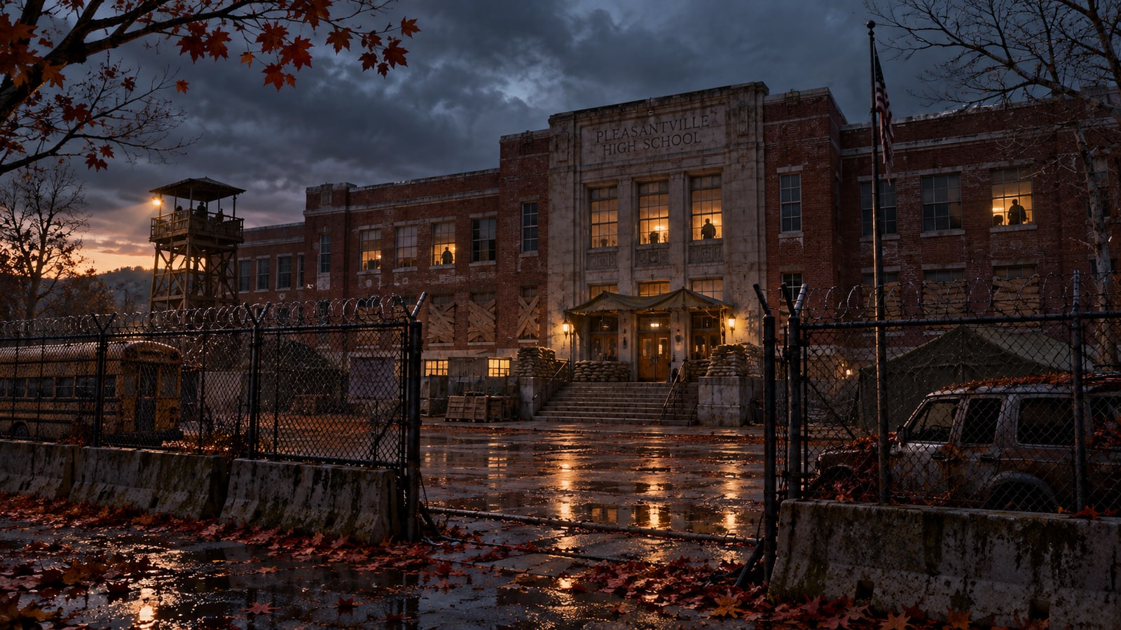 The fortified Pleasantville High School at dusk, enclosed by fencing and razor wire, with lit windows and a watchtower.
