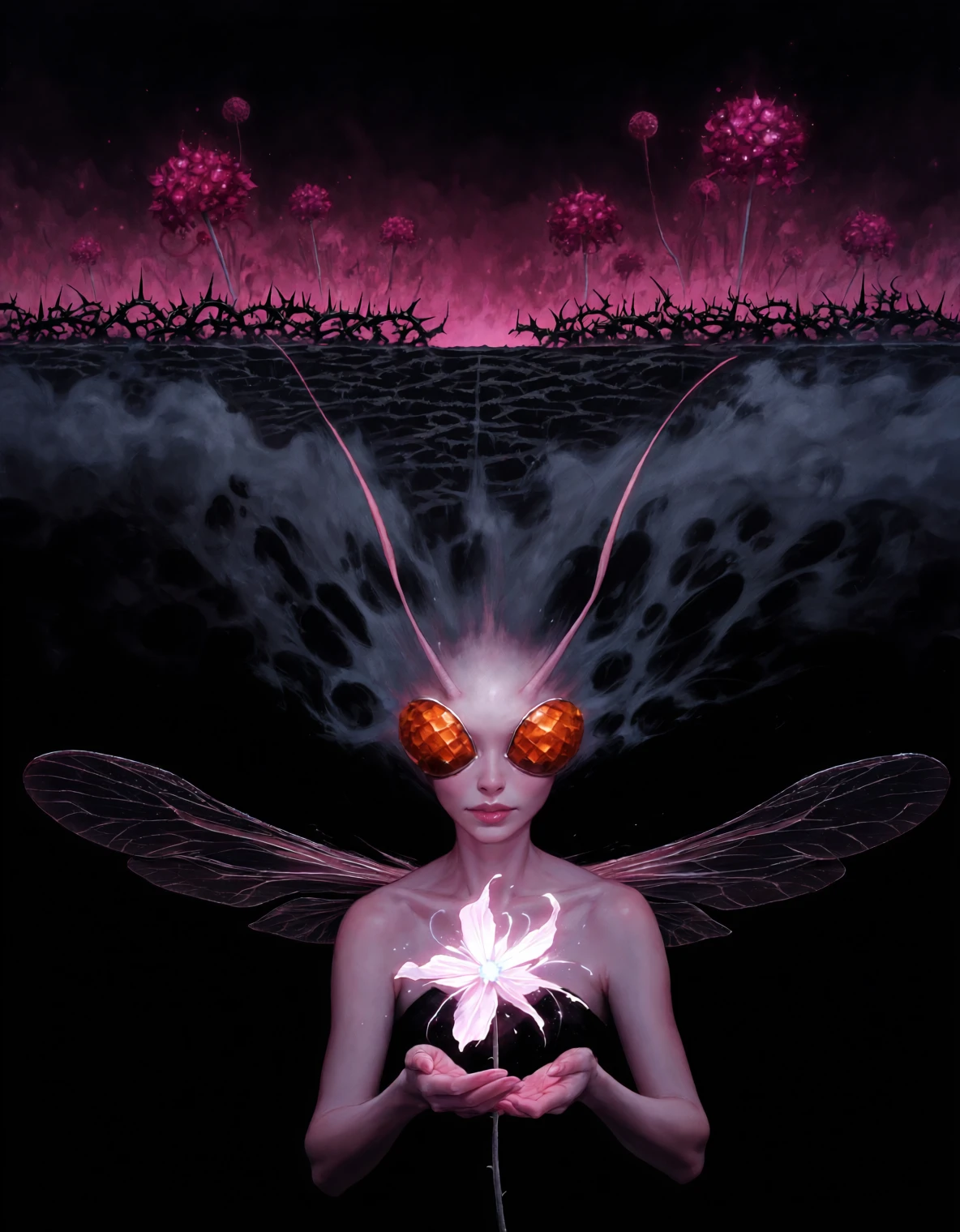 A small winged fae holds a glowing flower above a black thorn field beneath a dim, otherworldly sky.