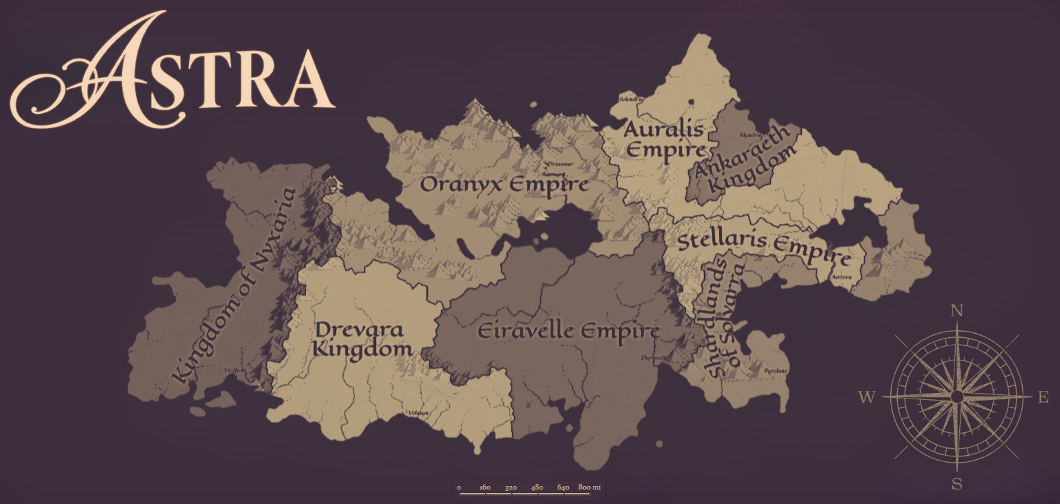 Fantasy map of Astra showing eight nations: Nyxaria, Drevara, Oranyx, Eiravelle, Auralis, Ankaraeth, Stellaris, and the Shardlands of Solvarra. Mountains, borders, capitals, a compass rose, and scale are marked in parchment tones against deep purple.