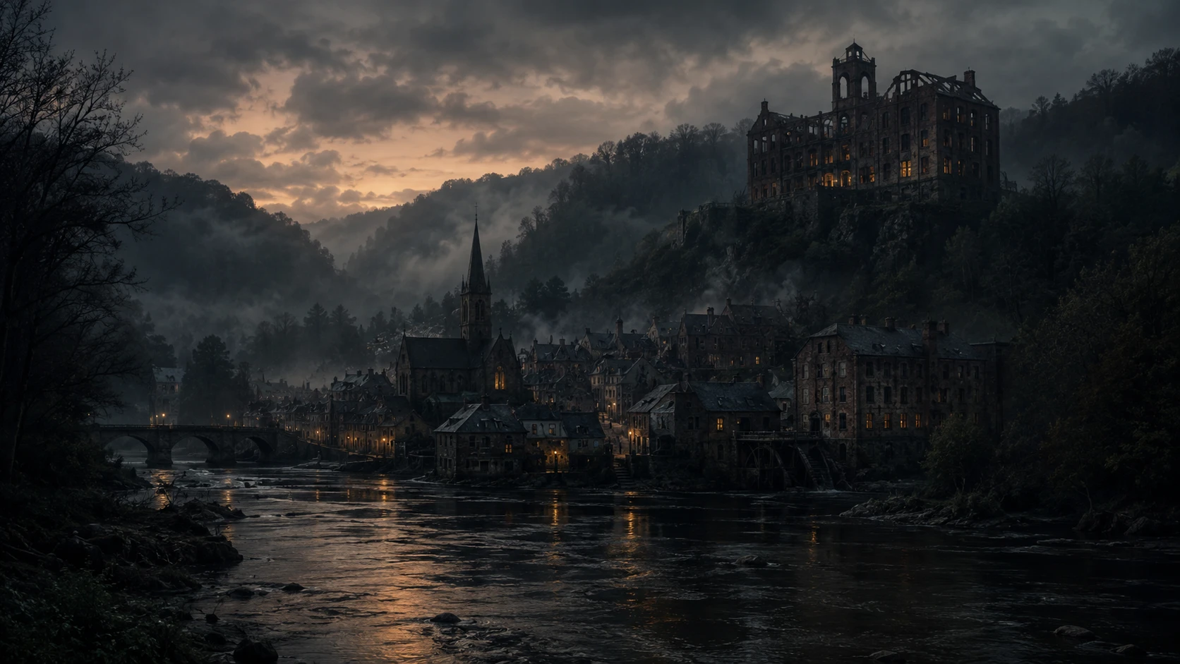 A river-valley town that looks untouched by time, watched over by a ruined mill and the secrets everyone has agreed not to see