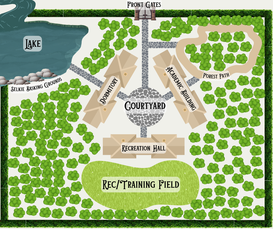 Map of Wydewood Academy, featuring three buildings (academic building, dormitory, rec hall) arranged around a central courtyard and surrounded by trees, a lake, and a wall of hedges