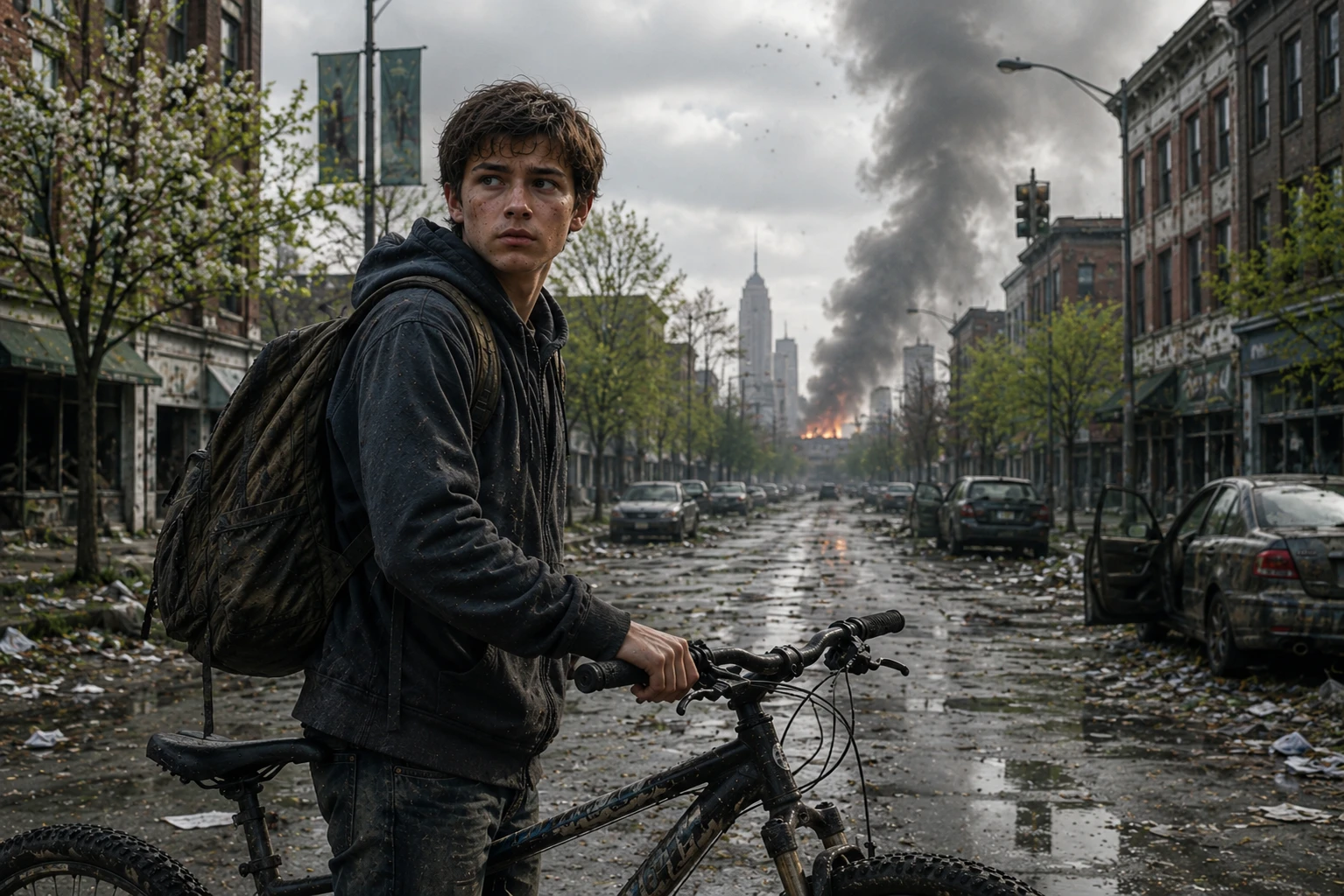 Aaron stands with his bike on an abandoned city street as smoke and fire rise in the distance.