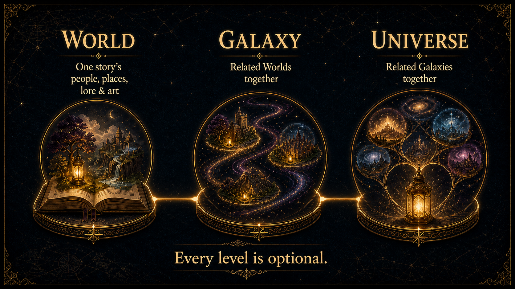Lantern hierarchy: a World contains one story’s people, places, lore, and art; a Galaxy brings related Worlds together; and a Universe brings related Galaxies together. Every level is optional.
