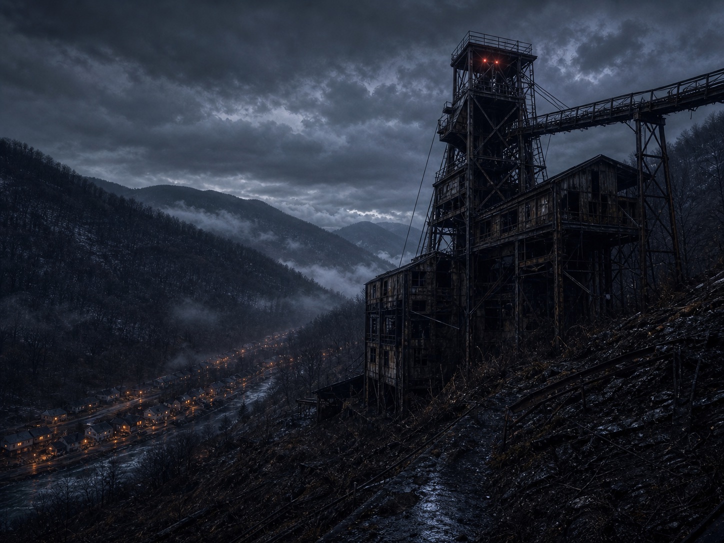The abandoned coal tipple on Sang Mountain overlooking the Vane at dusk