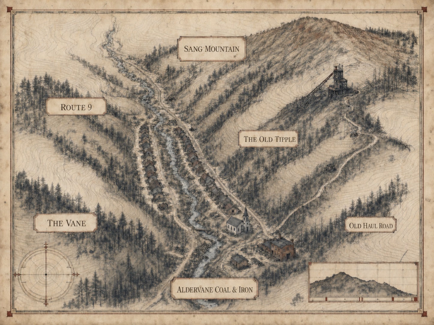 A labeled antique survey map of the Vane beneath Sang Mountain